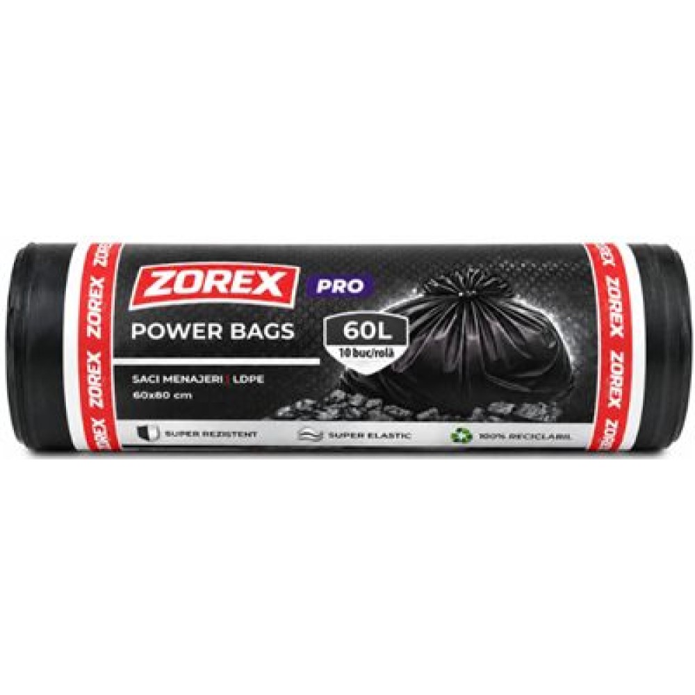 Saci menajeri Zorex Clasic, 60L, negru, 10 buc/rola