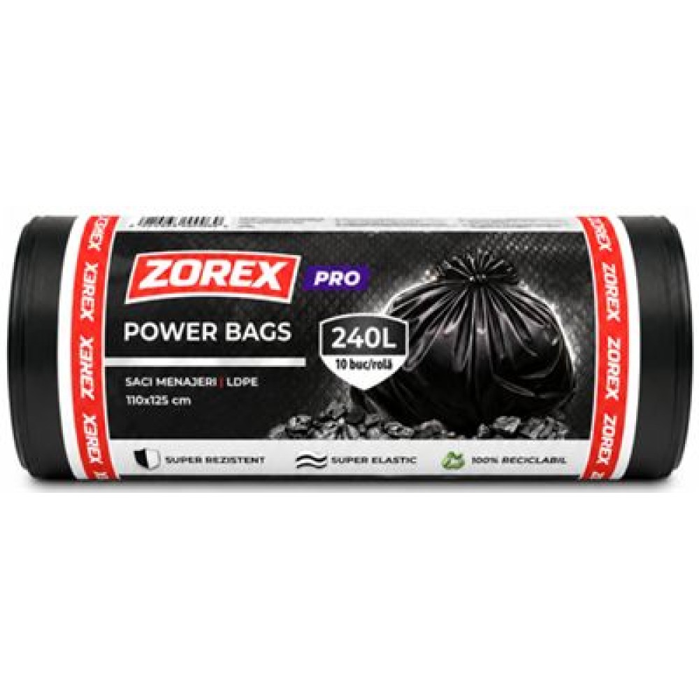 Saci menajeri Zorex Pro, 240L, negru, 10 buc/rola