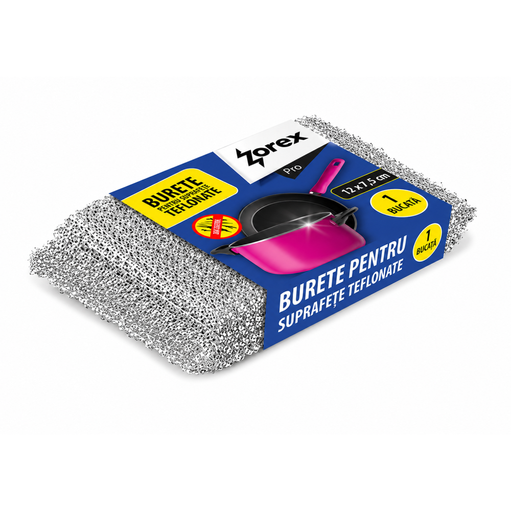 Burete pentru Suprafațe Teflonate ZOREX PRO, Argintiu, 12x7.5 cm, 1 buc