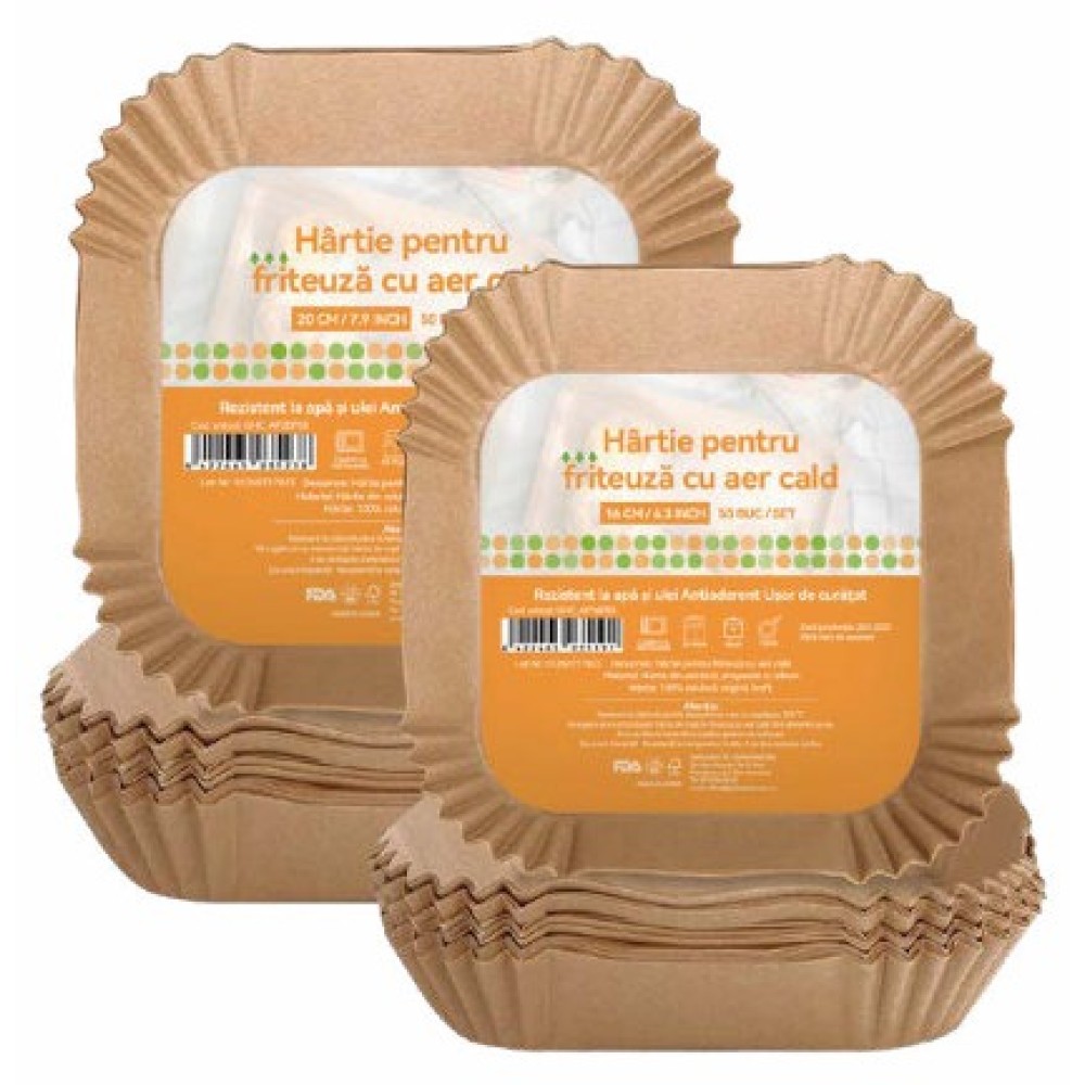 Hârtie de Copt Pătrată Airfryer 20x20x4.5 cm, 100 Buc/Set