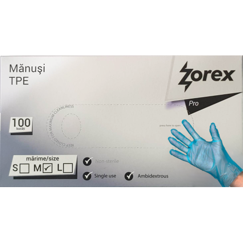 Manusi de unica folosinta albastre ZOREX, 100 buc/ cutie, Marime M, TPE Manusi de unica folosinta albastre ZOREX, 100 buc/ cutie, Marime M, TPE