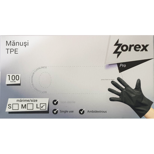 Mănuși de unică folosință negre ZOREX, 100 buc/ cutie, Mărime L, TPE Mănuși de unică folosință negre ZOREX, 100 buc/ cutie, Mărime L, TPE