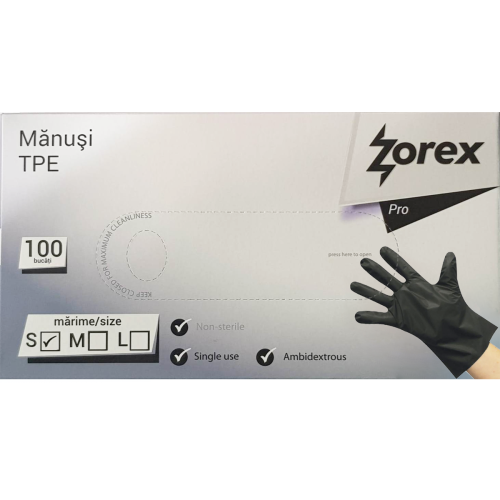 Manusi de unica folosinta negre ZOREX, 100 buc/ cutie, Marime S, TPE Manusi de unica folosinta negre ZOREX, 100 buc/ cutie, Marime S, TPE