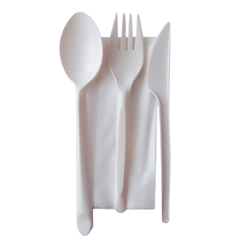 Kit biodegradabil, furculiță, cuțit, lingură, șervețel - 100KIT/SET Kit biodegradabil, furculiță, cuțit, lingură, șervețel - 100KIT/SET